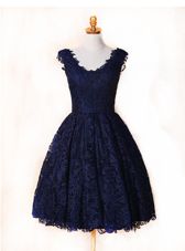 Lace V-neck Sleeveless Zipper Lace Prom Party Dress in Blue and Navy Blue