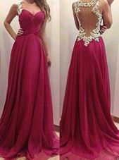 Dynamic Burgundy Chiffon Zipper Prom Evening Gown Sleeveless Floor Length Appliques