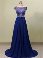 Great Royal Blue A-line Scoop Cap Sleeves Chiffon With Brush Train Zipper Beading Evening Dress