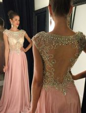 Pink Dress for Prom Bateau Cap Sleeves Brush Train Side Zipper