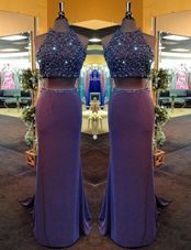 Purple Sleeveless Floor Length Beading Criss Cross Hoco Dress