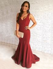 Glittering Scoop Mermaid Sleeveless Burgundy Prom Dress Brush Train Zipper