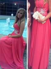 Great Hot Pink A-line Sweetheart Sleeveless Chiffon Floor Length Backless Beading Prom Party Dress