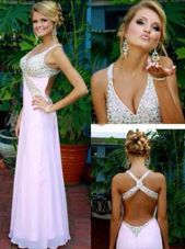 V-neck Sleeveless Chiffon Prom Party Dress Beading Criss Cross