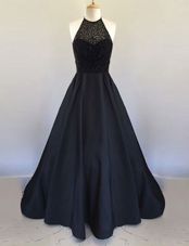 Halter Top Floor Length A-line Sleeveless Black Prom Gown Zipper