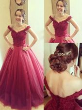 Pretty Off the Shoulder Floor Length Lace Up Prom Evening Gown Fuchsia and In for Prom and Party with Appliques