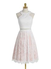 Attractive Halter Top Lace Sleeveless Knee Length Beading Zipper Homecoming Dress with Pink And White