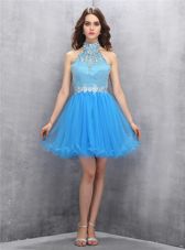 Fabulous Tulle High-neck Sleeveless Zipper Beading Prom Party Dress in Blue