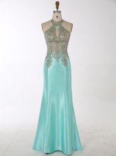 Best Selling Aqua Blue Mermaid High-neck Sleeveless Satin Floor Length Zipper Beading Homecoming Party Dress