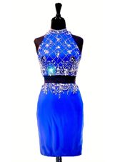 Elastic Woven Satin High-neck Sleeveless Zipper Beading Evening Dress in Royal Blue