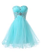 Charming Blue Lace Up Prom Dresses Beading Sleeveless Knee Length