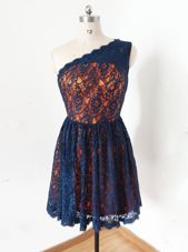 Navy Blue One Shoulder Zipper Lace Dress for Prom Sleeveless