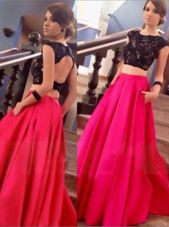 Hot Selling Backless Scoop Cap Sleeves Prom Dresses Floor Length Lace Red Satin