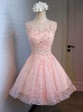 Pink Lace Up Scoop Appliques Prom Dress Lace Sleeveless