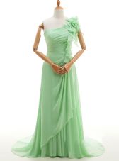 Exceptional One Shoulder Green Chiffon Lace Up Prom Dresses Sleeveless With Train Sweep Train Ruffles and Hand Made Flower