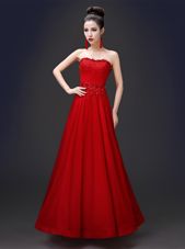 Dynamic Red Lace Up Strapless Beading and Appliques Prom Gown Chiffon Sleeveless