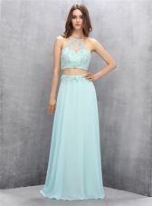 Nice Halter Top Floor Length Zipper Prom Evening Gown Light Blue and In for Prom with Beading