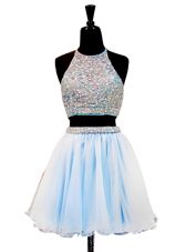 Tulle Halter Top Sleeveless Zipper Beading Evening Wear in Light Blue