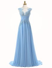 Scoop Sleeveless Chiffon With Brush Train Zipper Prom Gown in Light Blue for with Appliques