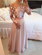 Flirting Pink Side Zipper Scoop Beading and Appliques and Sashes|ribbons Womens Evening Dresses Chiffon Long Sleeves