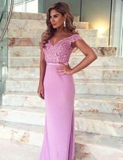 Mermaid Off the Shoulder Short Sleeves Brush Train Zipper Lace and Sashes|ribbons Prom Dress