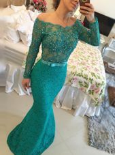 Fantastic Mermaid Lace Floor Length Green Bateau Long Sleeves Backless