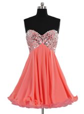 Watermelon Red Chiffon Lace Up Sweetheart Sleeveless Mini Length Teens Party Dress Beading