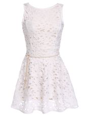 Cheap White Scoop Neckline Lace and Belt Homecoming Dress Sleeveless Zipper