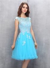 Fine Blue A-line Organza Scoop Cap Sleeves Beading and Appliques Knee Length Zipper Prom Evening Gown