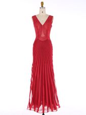 Sumptuous Red Mermaid Chiffon V-neck Sleeveless Sequins Floor Length Zipper Dress for Prom