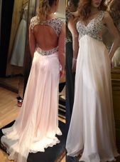 Perfect Backless V-neck Sleeveless Prom Gown Brush Train Ruching Pink Chiffon