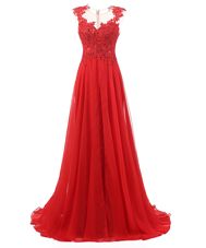 Popular Red Chiffon Zipper Prom Party Dress Sleeveless With Brush Train Appliques