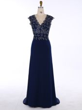 Elegant Navy Blue Homecoming Dress V-neck Sleeveless Sweep Train Zipper