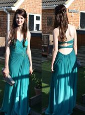 Floor Length Empire Sleeveless Teal Evening Wear Backless