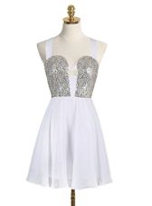 Customized White A-line Straps Sleeveless Chiffon Mini Length Criss Cross Sequins