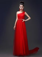 One Shoulder Red Sleeveless Beading Floor Length