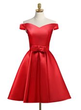 New Style Off the Shoulder Knee Length Lace Up Prom Party Dress Red and In with Bowknot