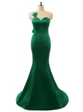 Dynamic Mermaid Green Satin Zipper Scoop Sleeveless Prom Evening Gown Sweep Train Beading and Bowknot and Hand Made Flower