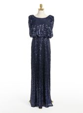 High Quality Navy Blue Sequined Zipper Scoop Sleeveless Floor Length Going Out Dresses Sequins