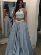 Artistic Backless Halter Top Sleeveless Prom Dresses Floor Length Beading Silver Satin