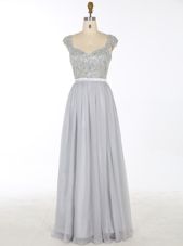 Perfect Grey V-neck Neckline Beading and Appliques Prom Dress Sleeveless Zipper