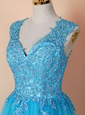 Unique Blue Tulle Zipper Prom Dress Sleeveless Knee Length Beading and Appliques