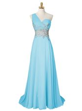 With Train Aqua Blue Homecoming Dress One Shoulder Sleeveless Brush Train Side Zipper