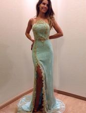 Scoop Turquoise Lace Brush Train Sleeveless Beading