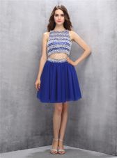 A-line Evening Dress Royal Blue Scoop Organza Sleeveless Knee Length Backless