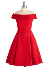 Red Off The Shoulder Neckline Ruching Womens Party Dresses Sleeveless Zipper