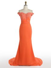 Noble Mermaid Off the Shoulder Orange Zipper Prom Evening Gown Lace Sleeveless With Train Sweep Train