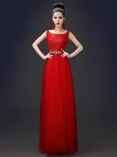 Customized Scoop Floor Length A-line Sleeveless Red Prom Dresses Zipper