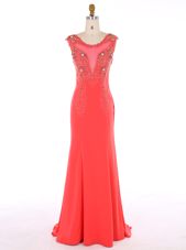 Flirting Watermelon Red Mermaid Scoop Sleeveless Chiffon Brush Train Zipper Beading Evening Outfits