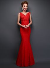 Mermaid Sleeveless Floor Length Beading and Appliques Lace Up Evening Dress with Red